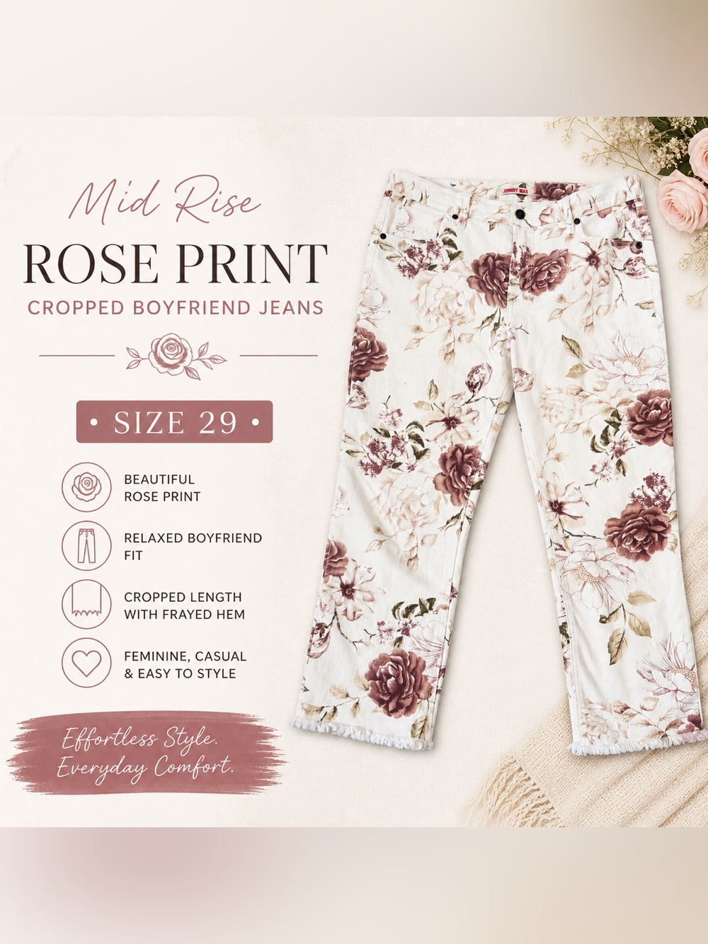 Johnny Was The Cropped Boyfriend Jeans in Rose